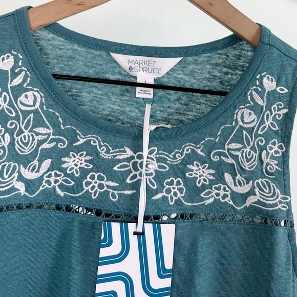 NWT StitchFix Market & Spruce Linen Blend Embroidered Round Neck Tank Top - Picture 3 of 4